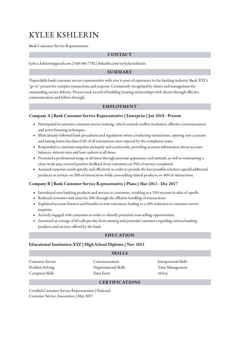 bank customer service resume example