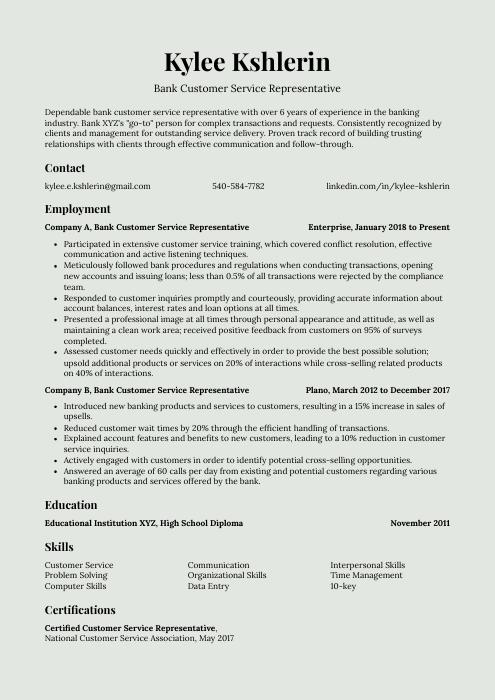 resume for customer service in bank