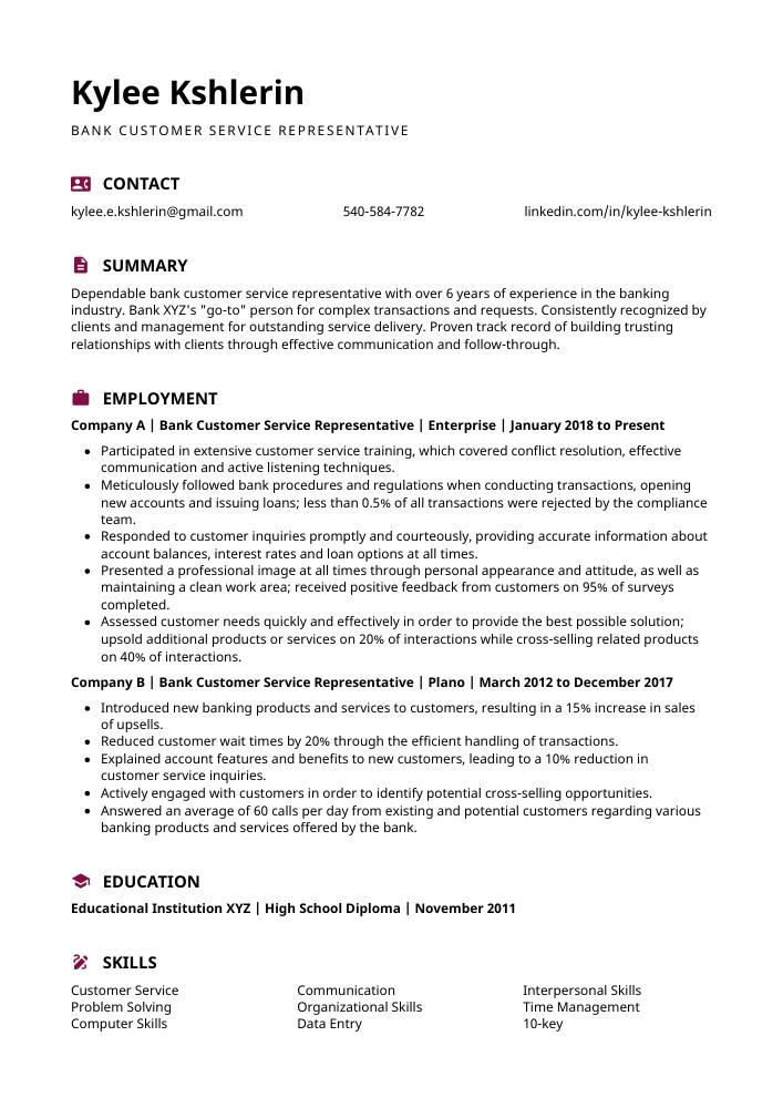 Bank Customer Service Representative Resume