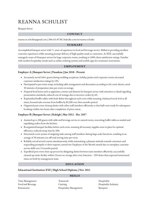 Banquet Server Resume (CV) Example and Writing Guide