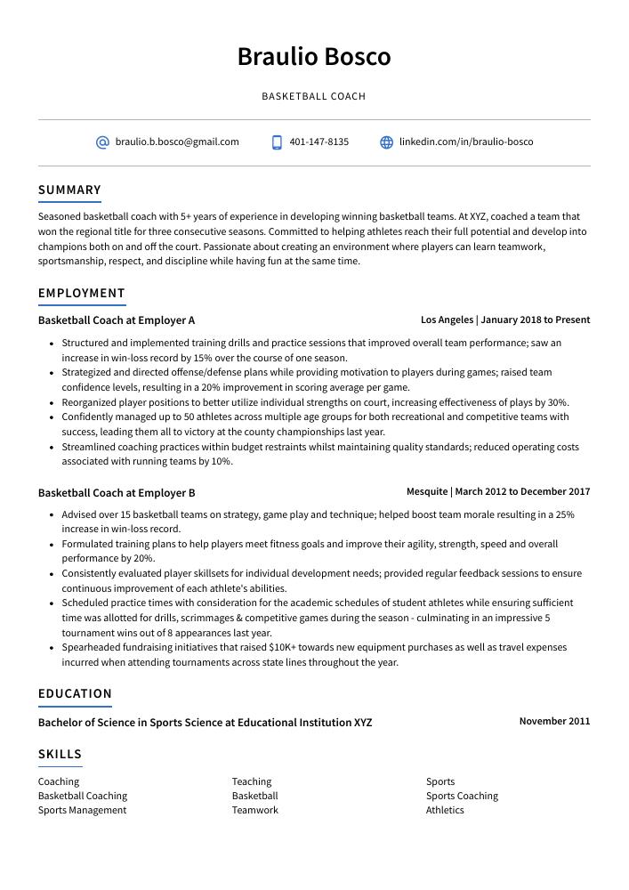 Basketball Coach Resume (CV) Example and Writing Guide