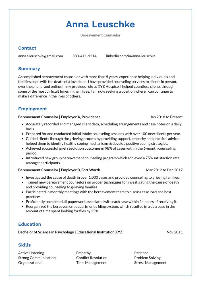 Bereavement Counselor Resume