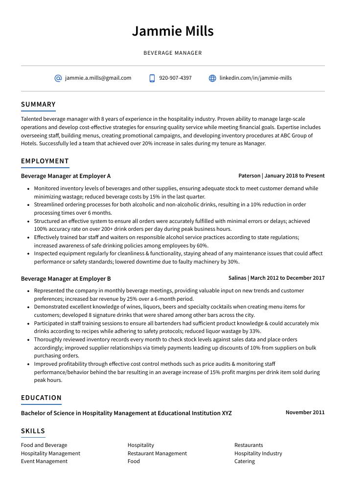 Beverage Manager Resume