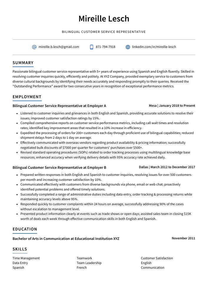 sample resume for bilingual customer service representative