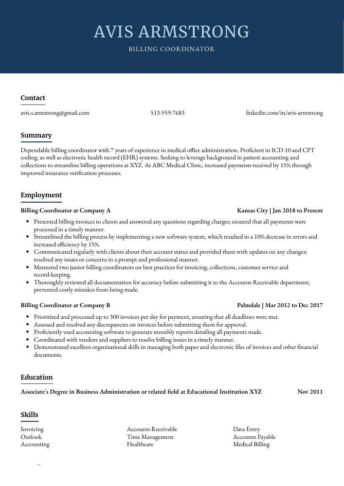 Billing Coordinator Resume CV Example And Writing Guide