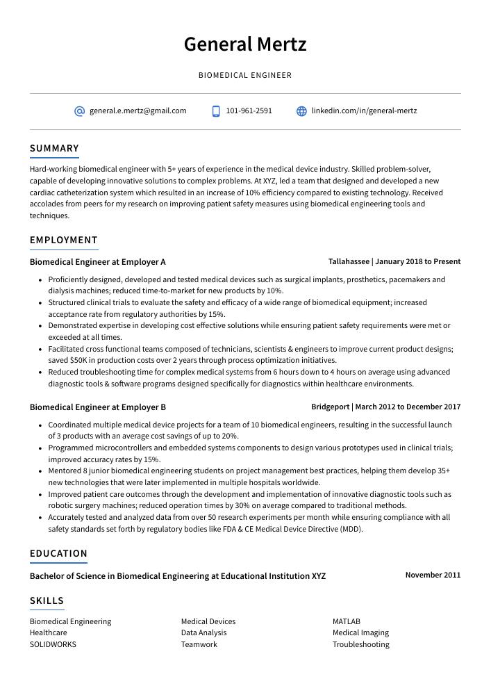 Biomedical Engineer Resume