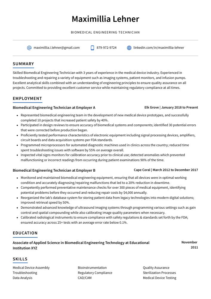 Biomedical Engineering Technician Resume