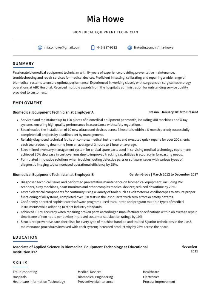 Biomedical Equipment Technician Resume