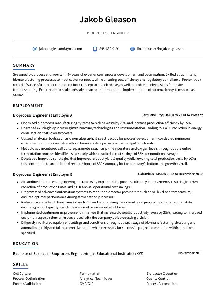 Bioprocess Engineer Resume