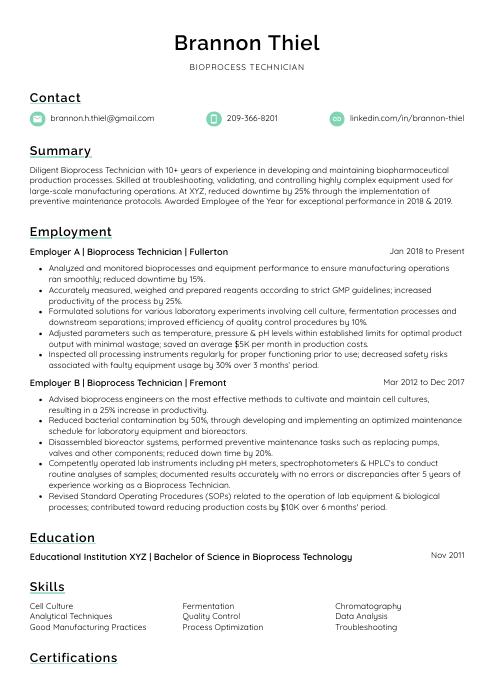 Bioprocess Technician Resume (CV) Example and Writing Guide