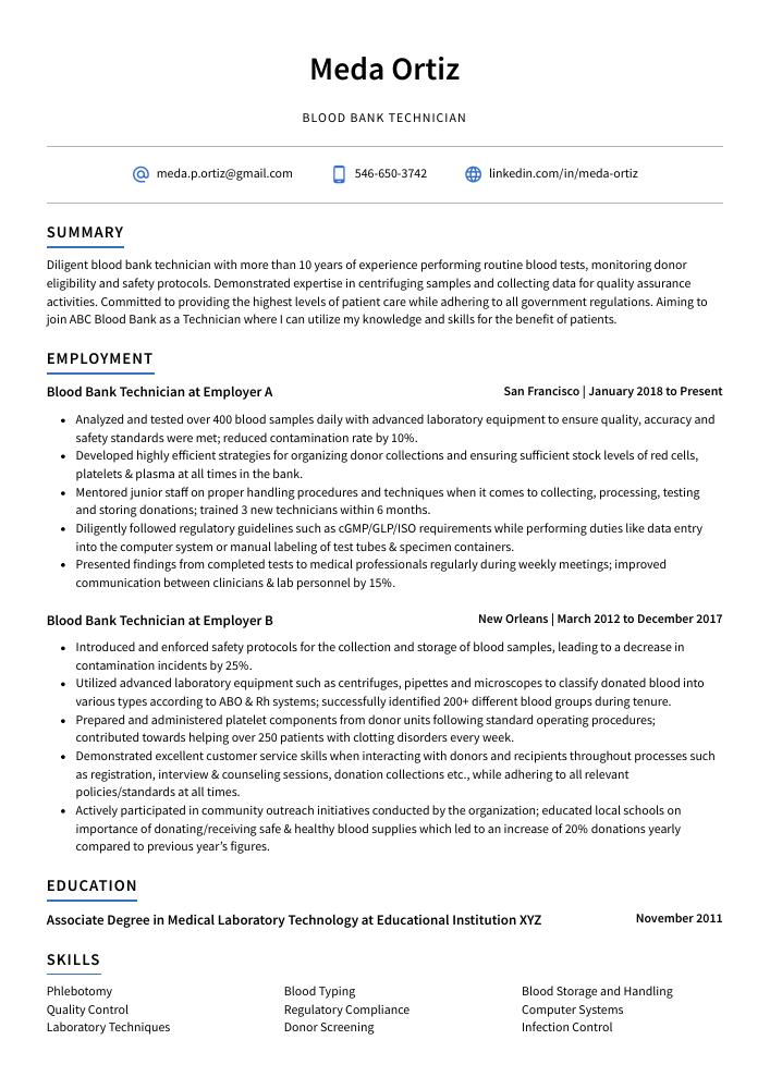 Blood Bank Technician Resume