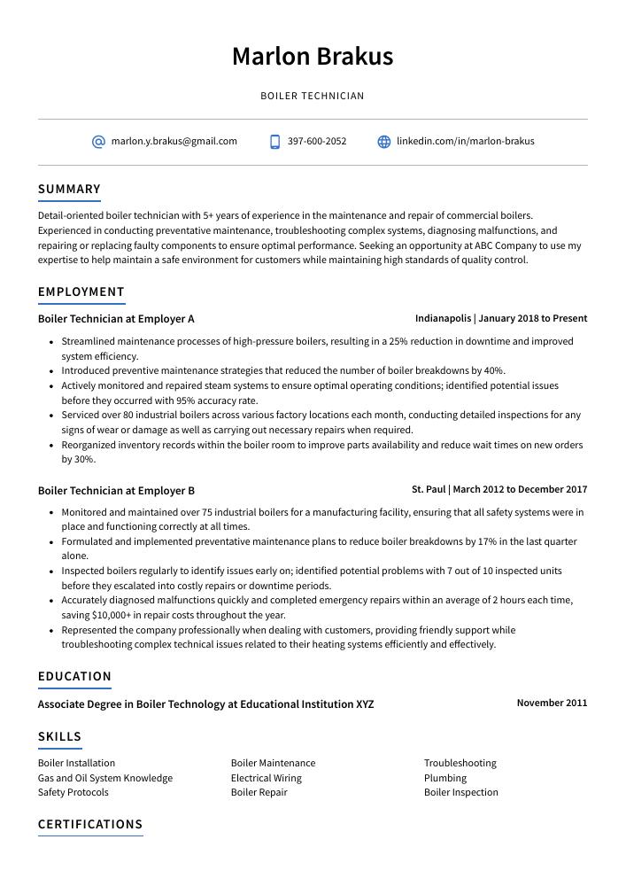 Boiler Technician Resume