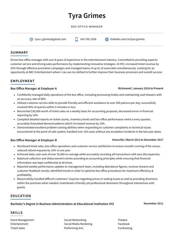 Box Office Manager Resume