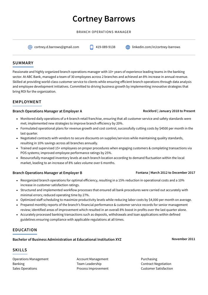 Branch Operations Manager Resume