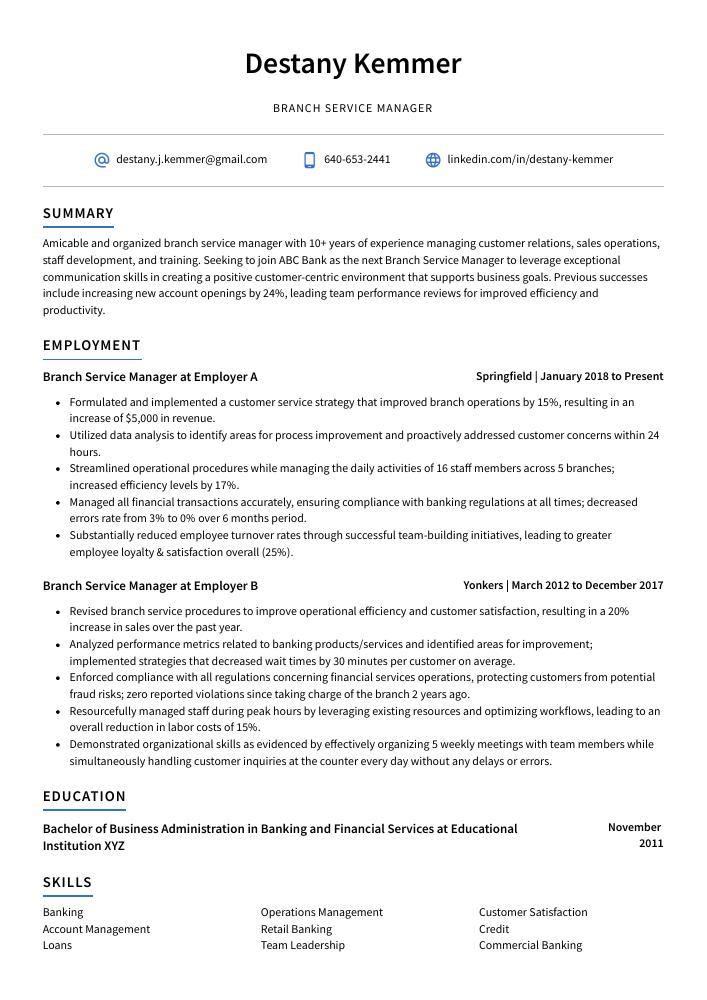 Branch Service Manager Resume