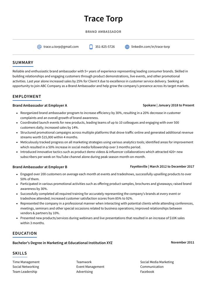 Brand Ambassador Resume