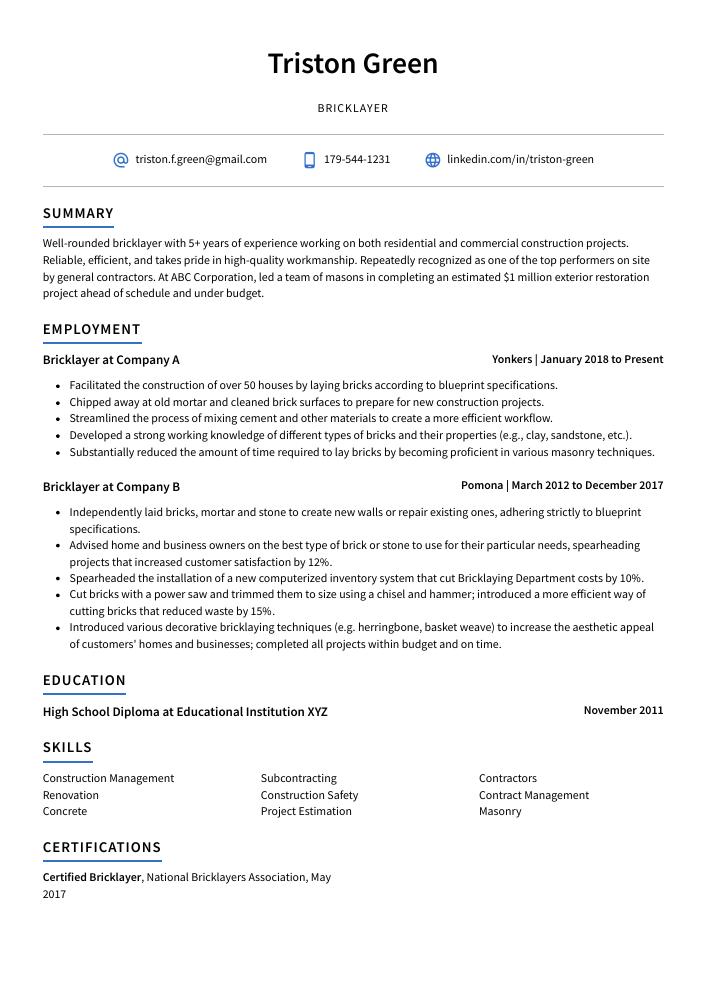 Bricklayer Resume