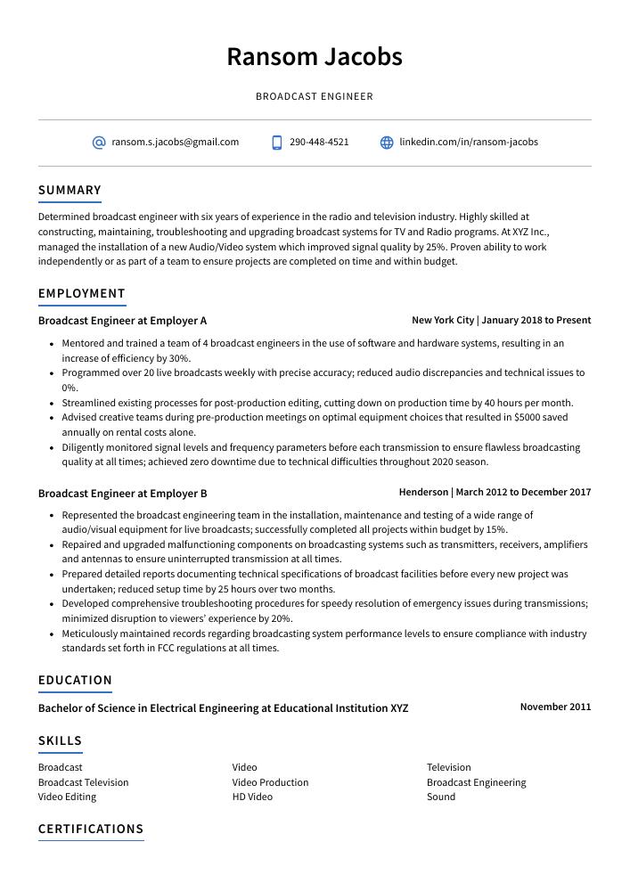 Broadcast Engineer Resume