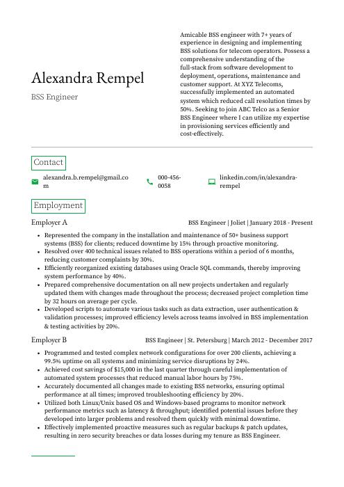 BSS Engineer Resume (CV) Example and Writing Guide