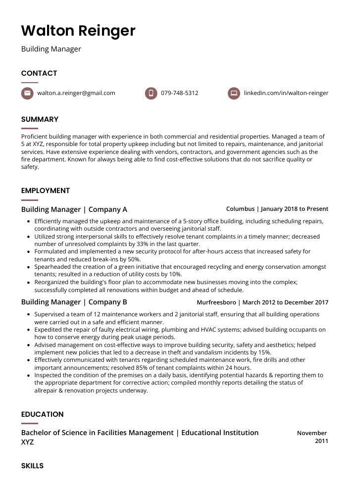 Building Manager Resume