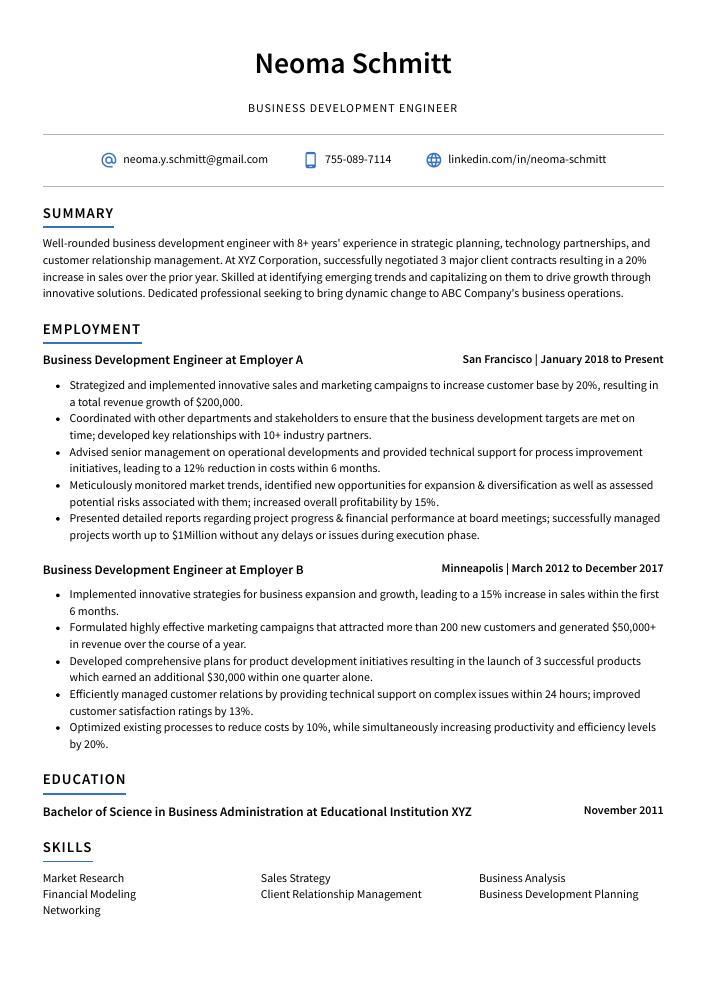 Business Development Engineer Resume