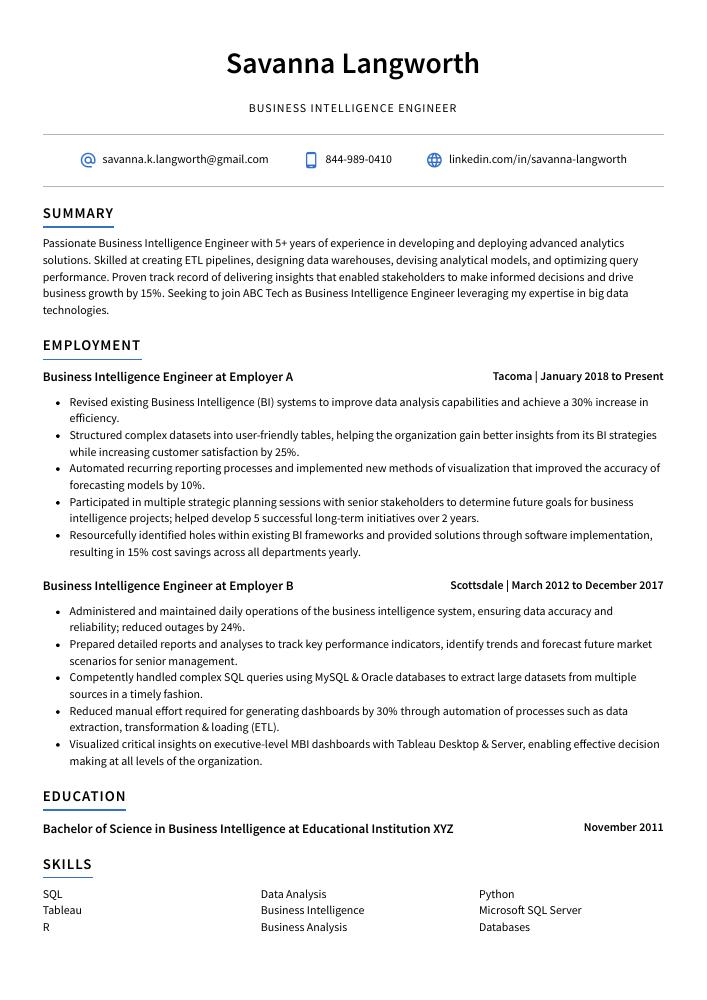 Business Intelligence Engineer Resume