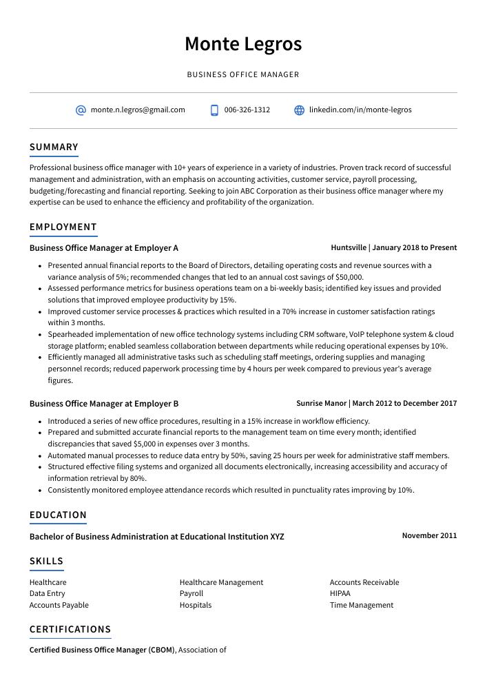 Business Office Manager Resume