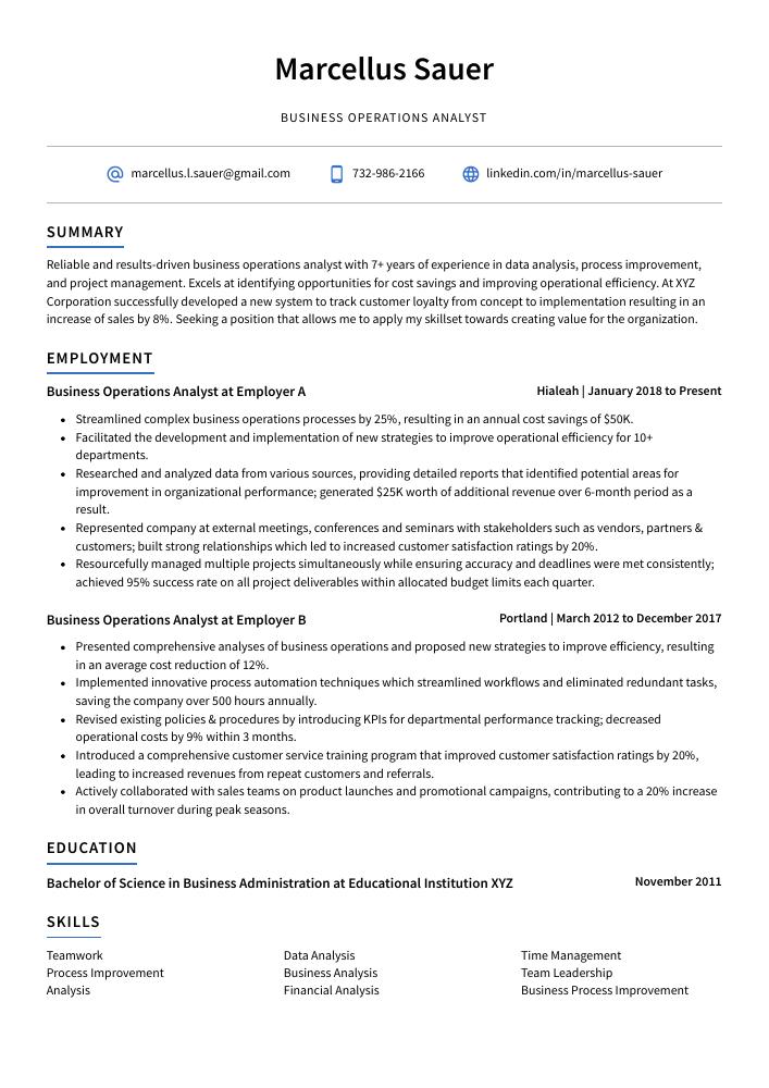 Business Operations Analyst Resume