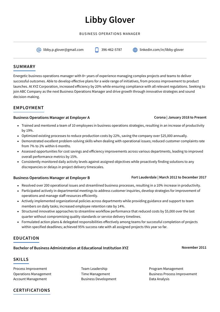 Business Operations Manager Resume