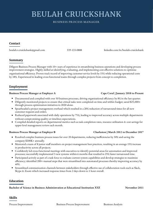 business process manager resume