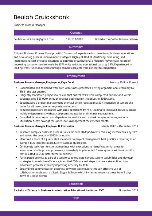 business process manager resume