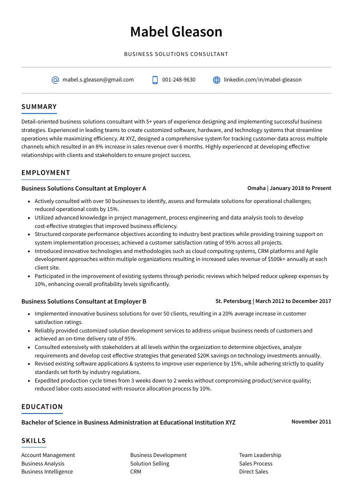 Business Solutions Consultant Resume