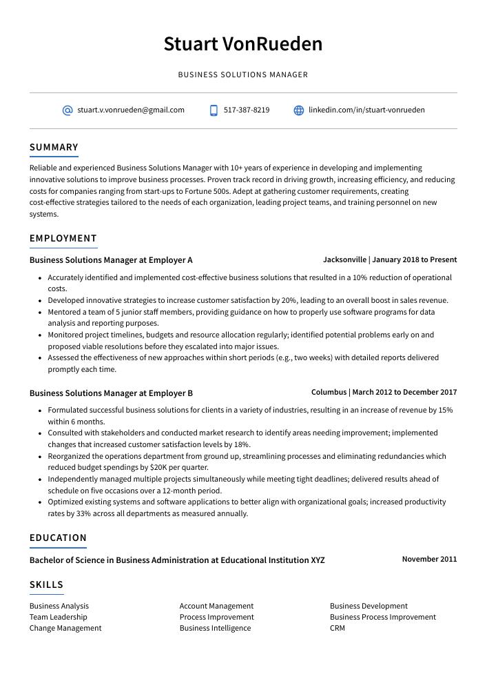 Business Solutions Manager Resume