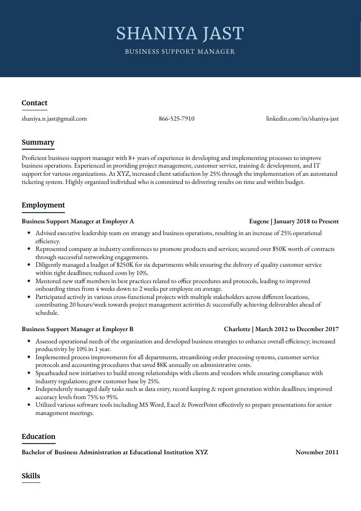 Business Support Manager Resume