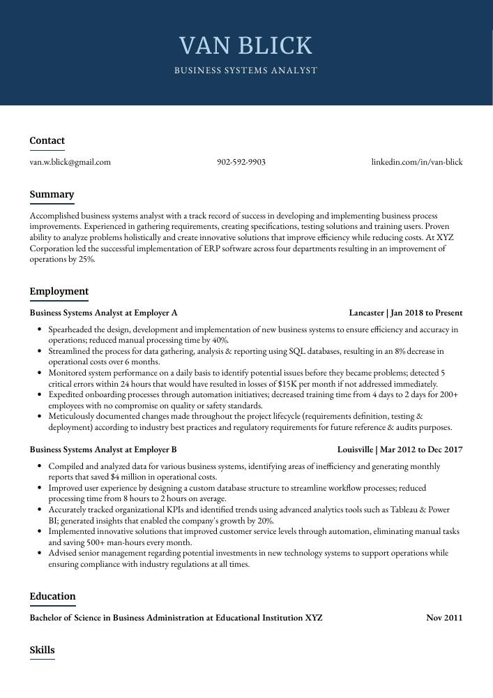 Business Systems Analyst Resume