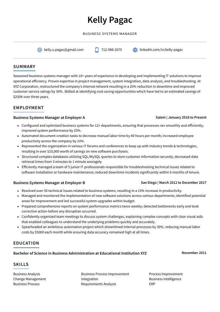 Business Systems Manager Resume