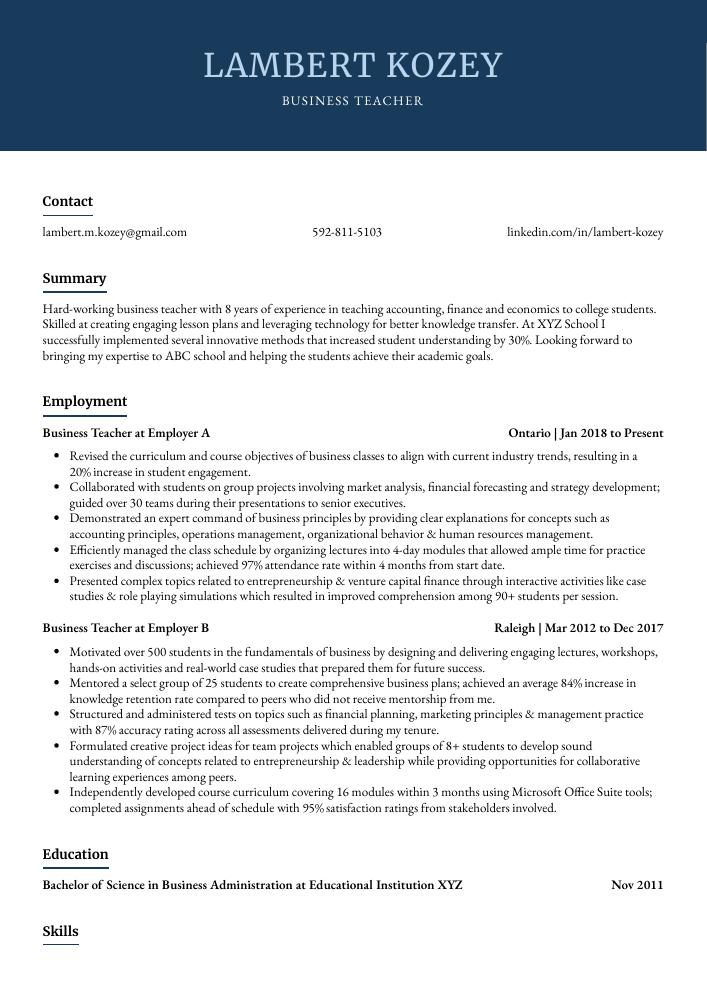 Business Teacher Resume