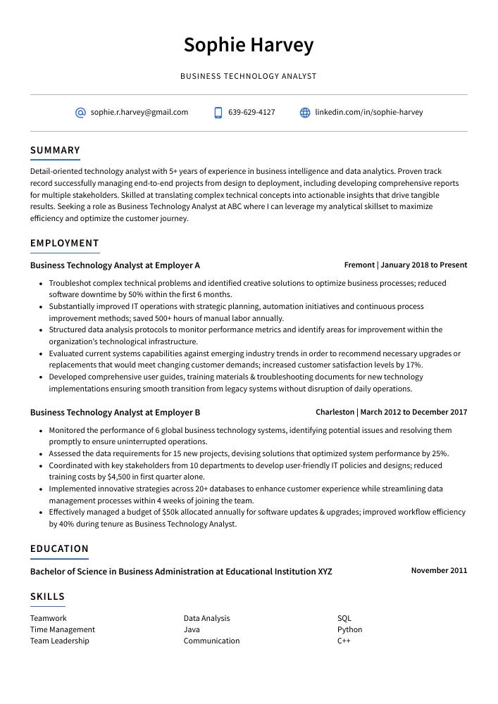 Business Technology Analyst Resume