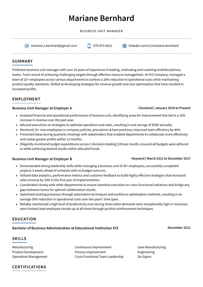 Business Unit Manager Resume