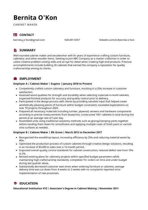 Cabinet Maker Resume (CV) Example and Writing Guide