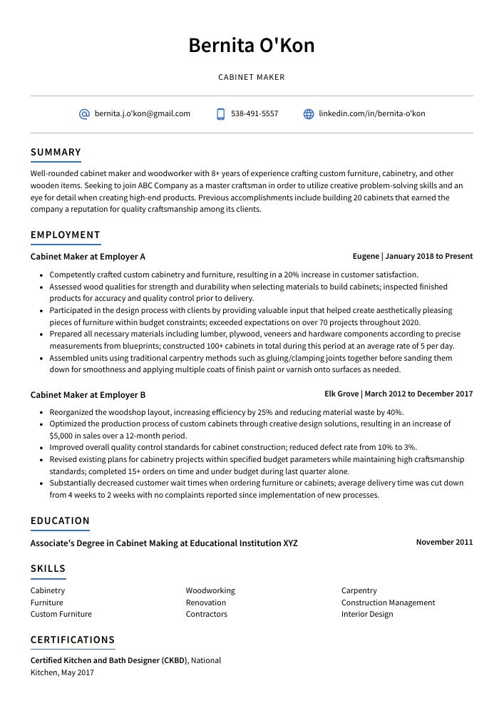 Cabinet Maker Resume