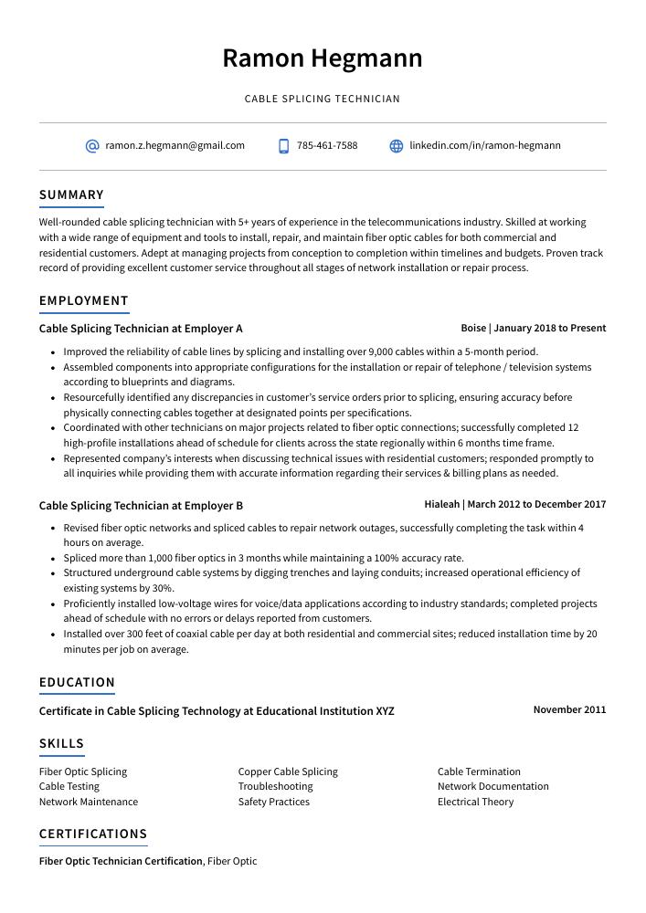 Cable Splicing Technician Resume