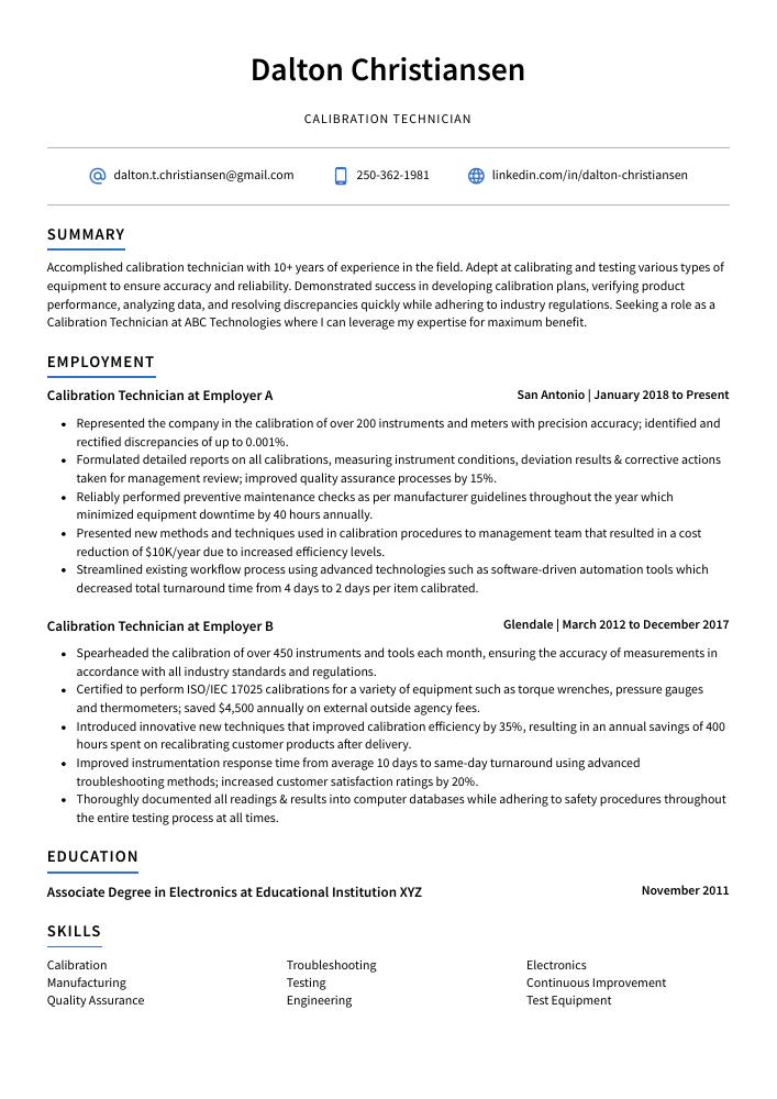 Calibration Technician Resume