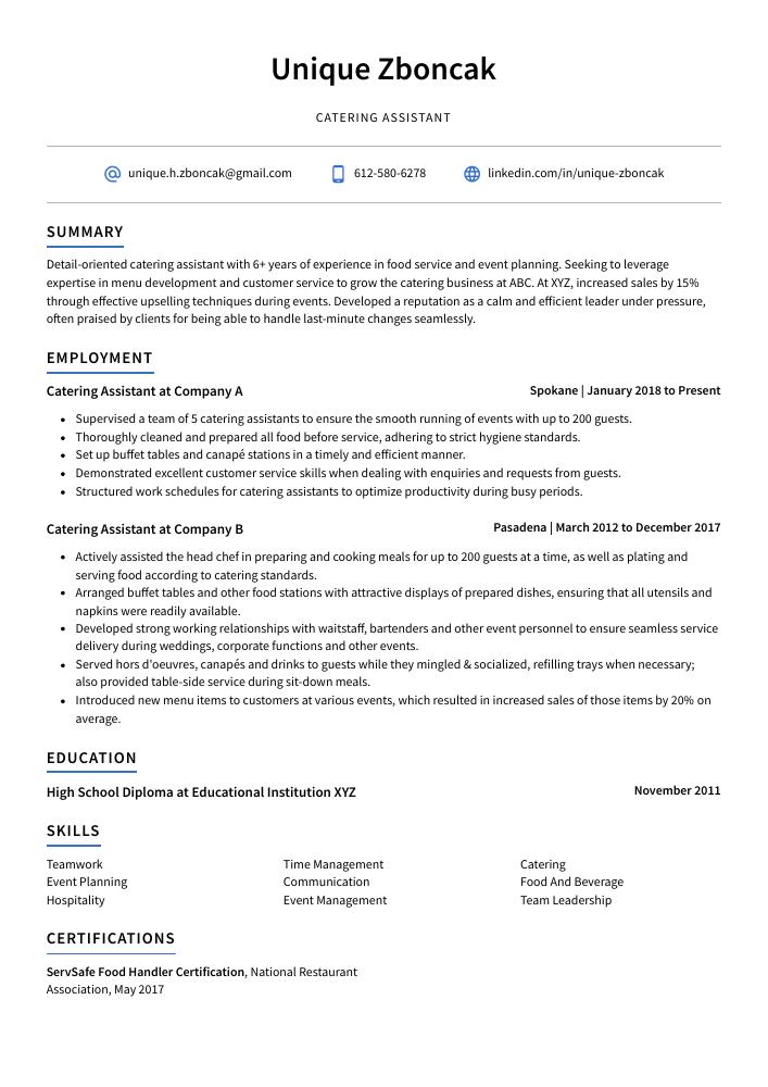 Catering Assistant Resume