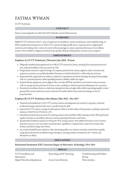 cctv service engineer resume format