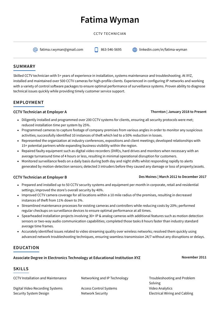 CCTV Technician Resume