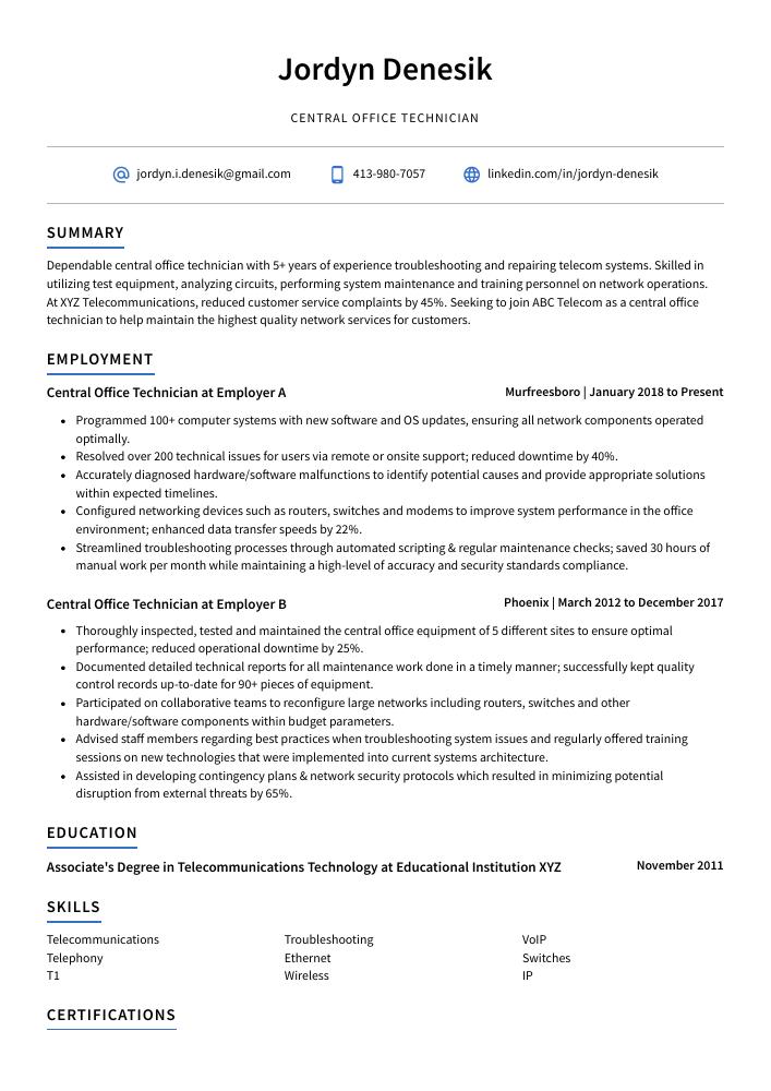 Central Office Technician Resume