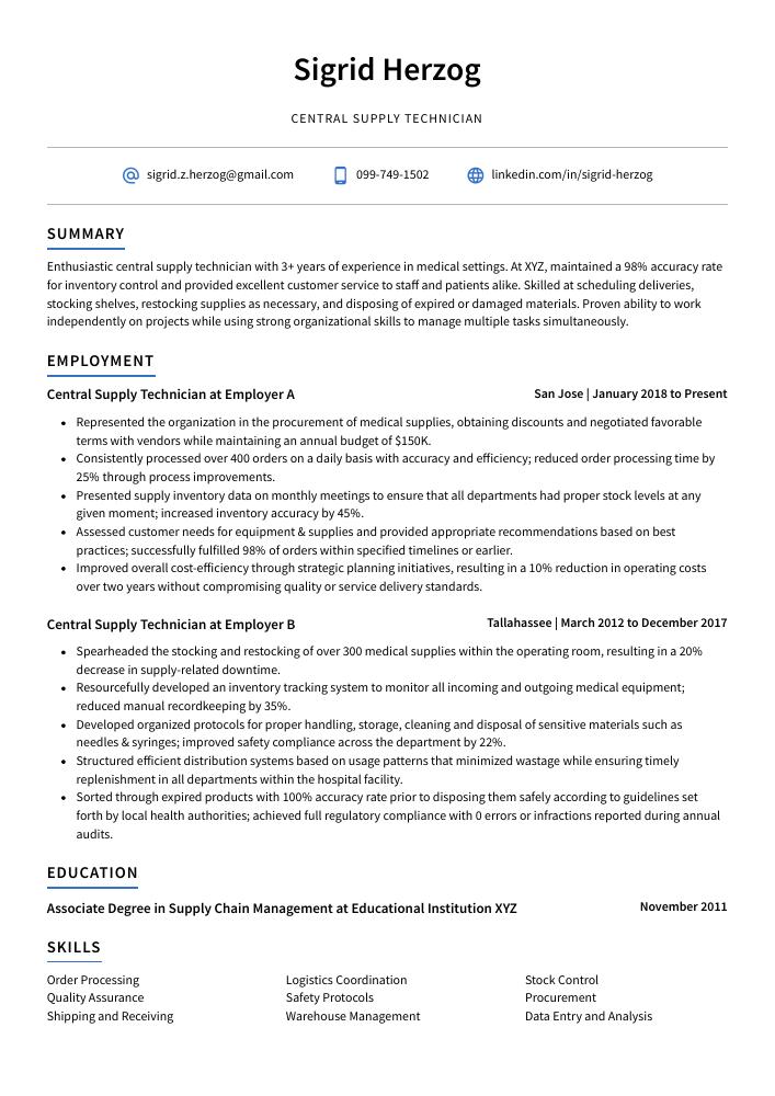 Central Supply Technician Resume