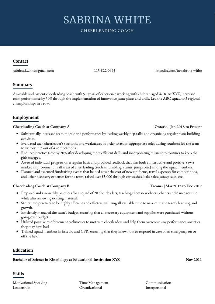 Cheerleading Coach Resume (CV) Example and Writing Guide