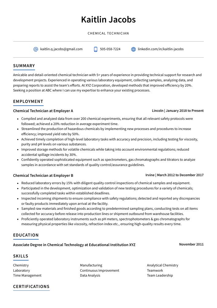 Chemical Technician Resume